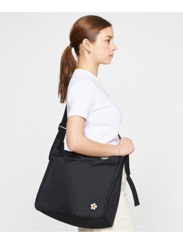 [BAG&ACC] Drawing Flower Smile Embroidery Cross Curved Messenger Bag_Black