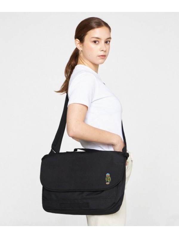 [BAG&ACC] Beanie Dog Embroidery Striper Cross Messenger Bag_Black